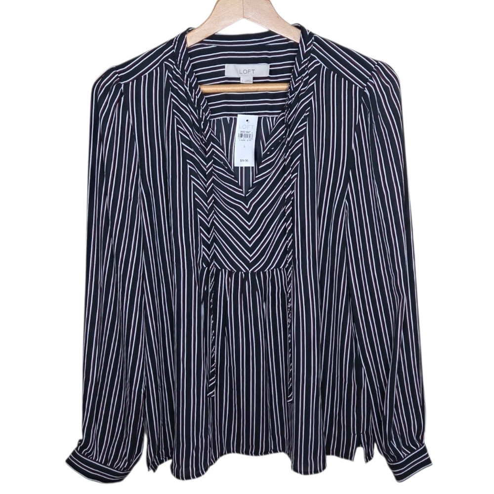 NWT Loft | Black Burgundy White Striped Tie Neck Long Sleeve Blouse Size Large